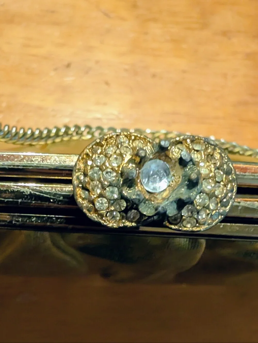 Vintage Gold Metallic Evening Chain Strap Bag Snap Closure With Diamond Accent